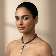 Woman wearing Pearl and Amethyst Choker with Baroque Pearl Drop